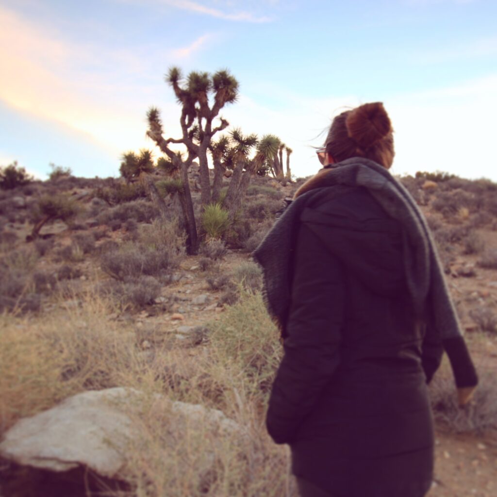 Larissa Wolfram-Kuhl wandert durch Joshua-Tree-Wüste mit typischen Yucca-Bäumen