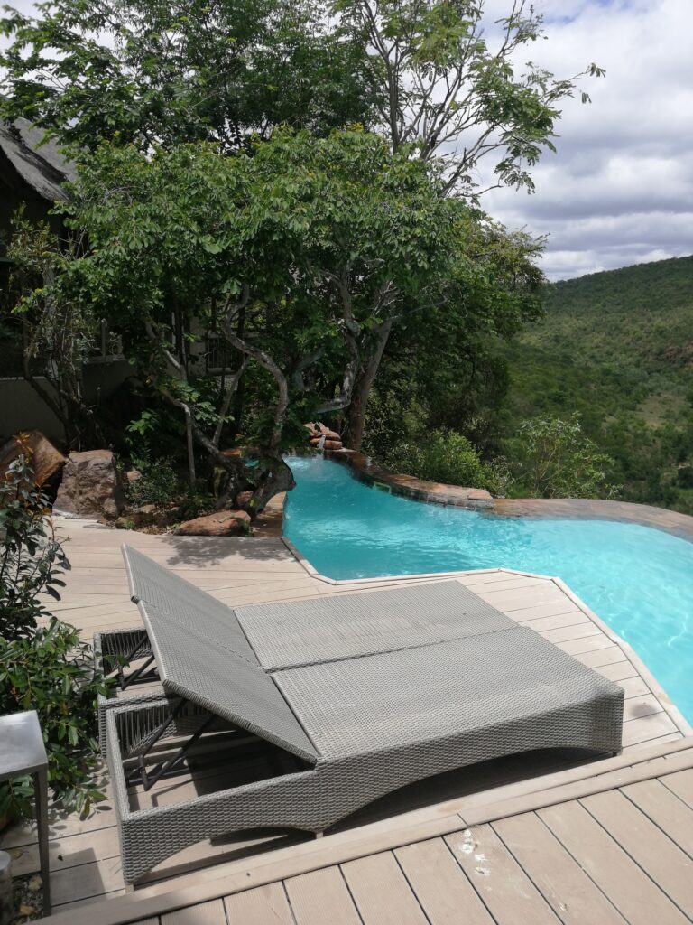 Infinitypool mit zwei Liegen im Grünen, Poolbereich im Grünen mit Liegen und dichter Vegetation