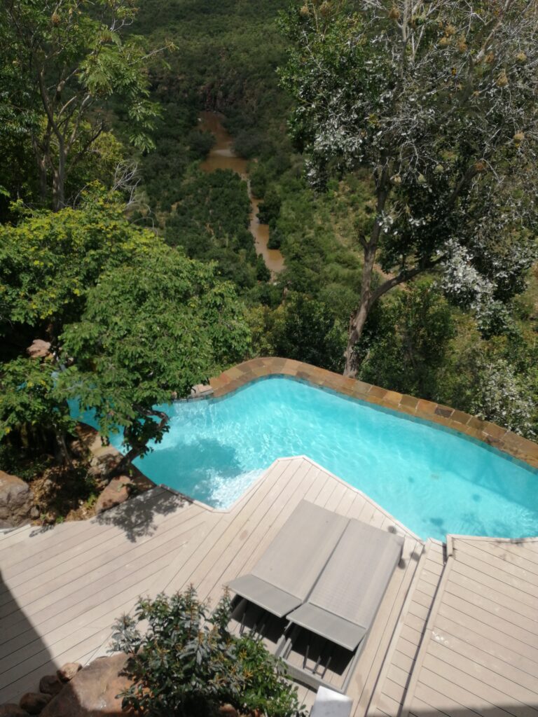 Infinitypool mit Liegen und Blick ins Grüne, Außenpool im Dschungel mit Liegen und türkisfarbenem Wasser