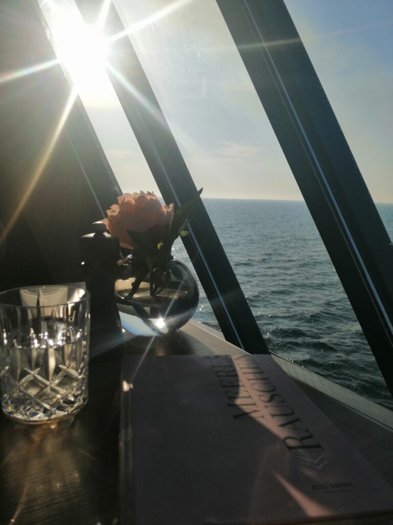 Ausblick vom Tisch aufs Meer vom Schiff mit einer Blumenvase und einem Glas auf dem Tisch.